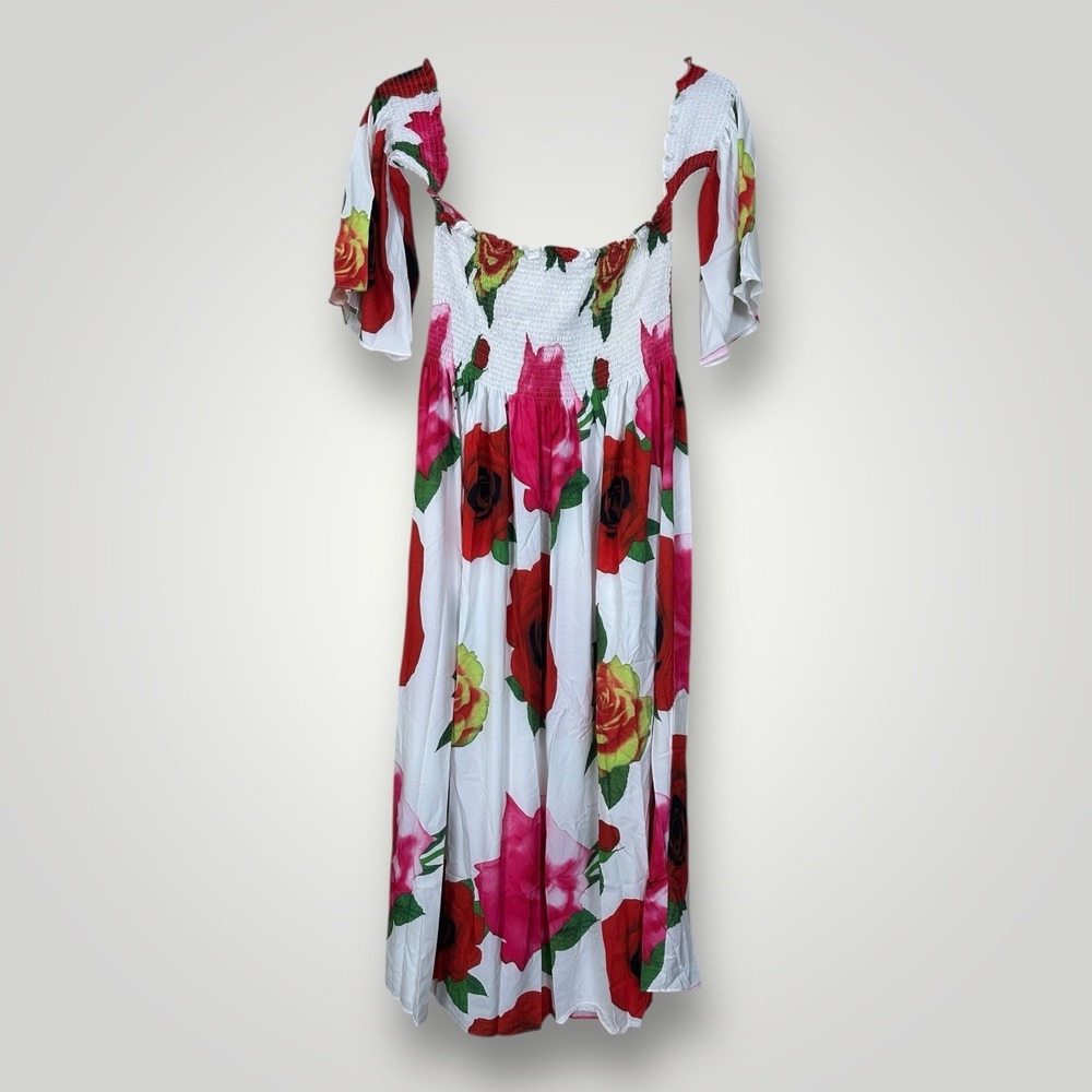 NWT Miss Ord Maxi Dress White Floral Sz 4X Off Shoulder Ruched Bust Flutter Slve